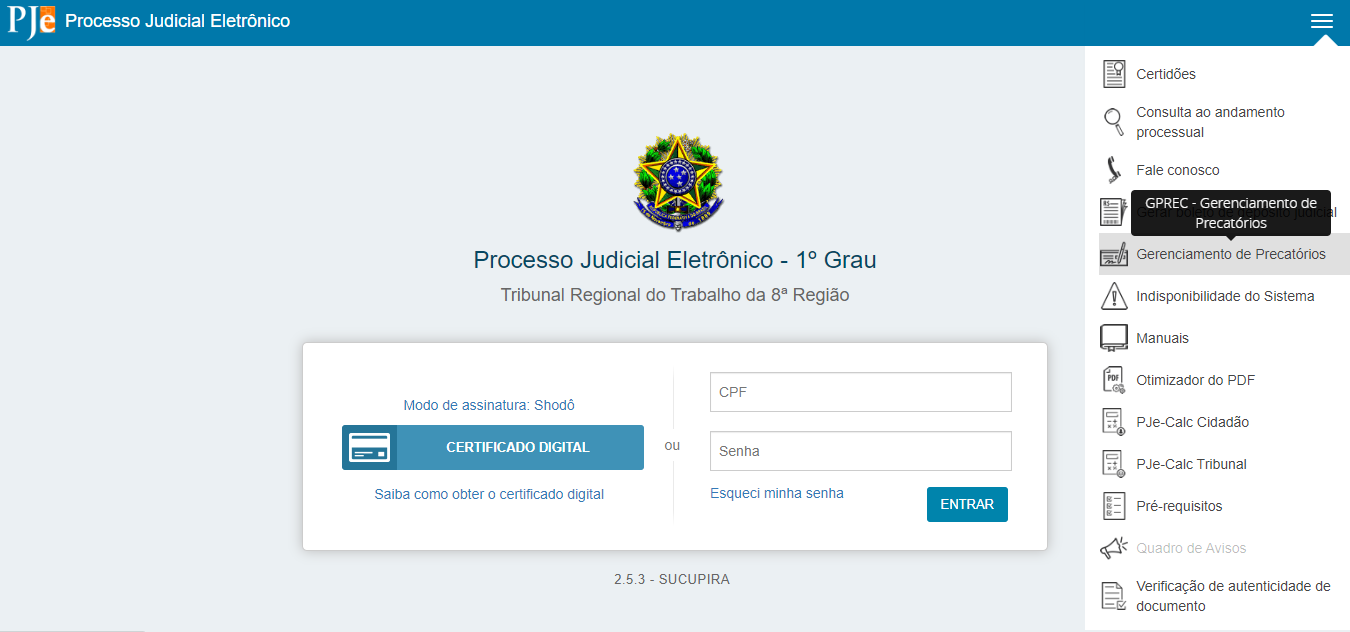 Acesso Via tela de Login do PJe
